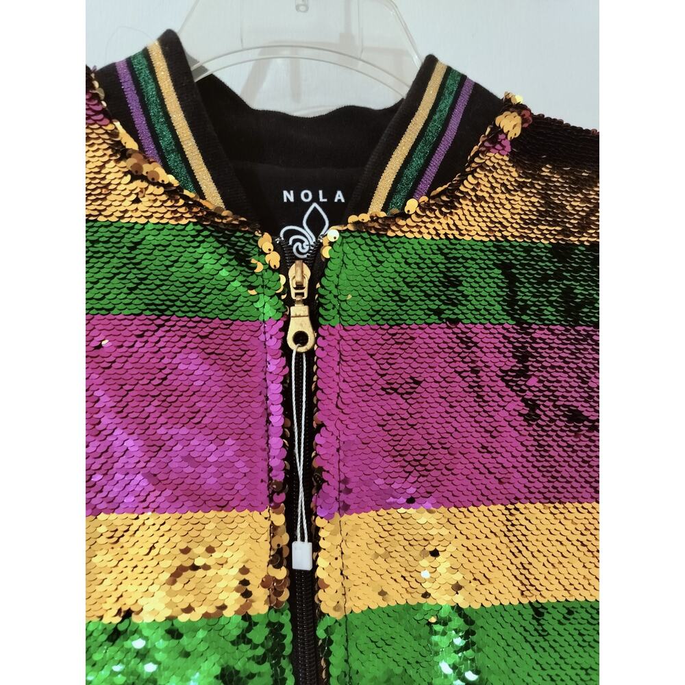 5728)Nola Mardi Grass Small Stripe Purple Gold Green Sequin Zip Bomber Jacket - Picture 6 of 10